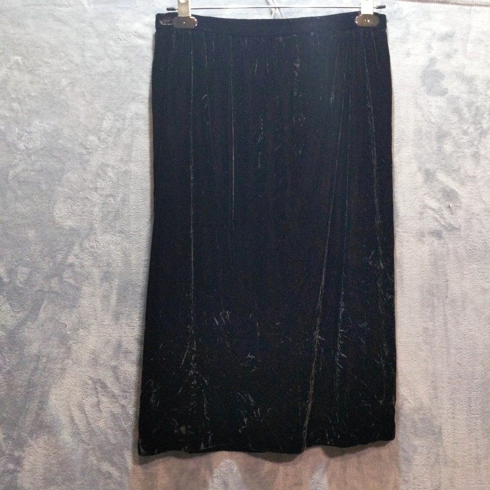 Vtg 90s Black Crushed Velvet Midi Skirt Handmade Lined Straight Back Slit OOAK